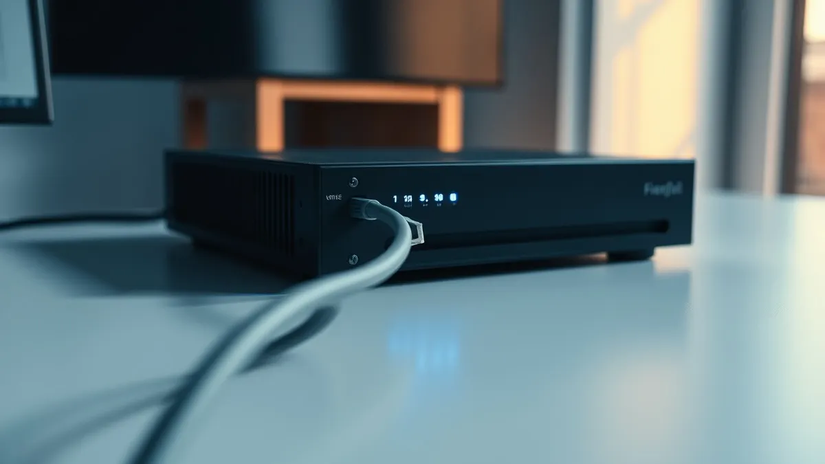 Illustration: A sleek black firewall appliance sits on a clean white desk, its front panel glowing with steady blue indicator lights.