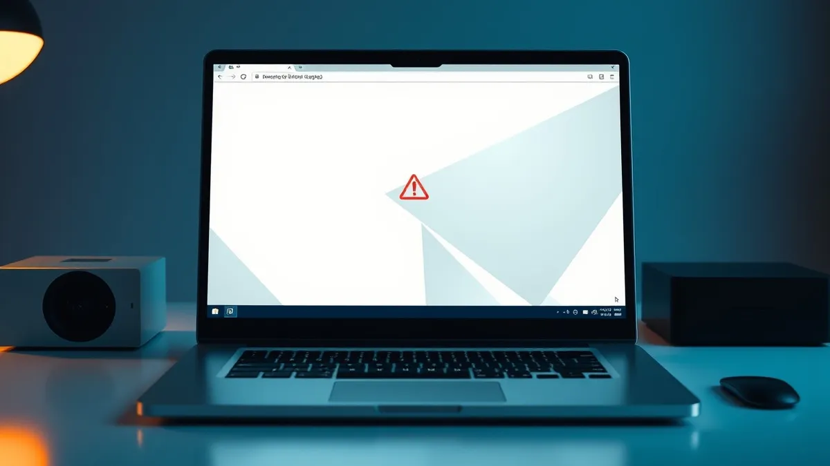 Illustration: A sleek silver laptop sits on a clean white desk, its screen displaying a single web browser window with a blank white background and abstract gray geometric shapes.