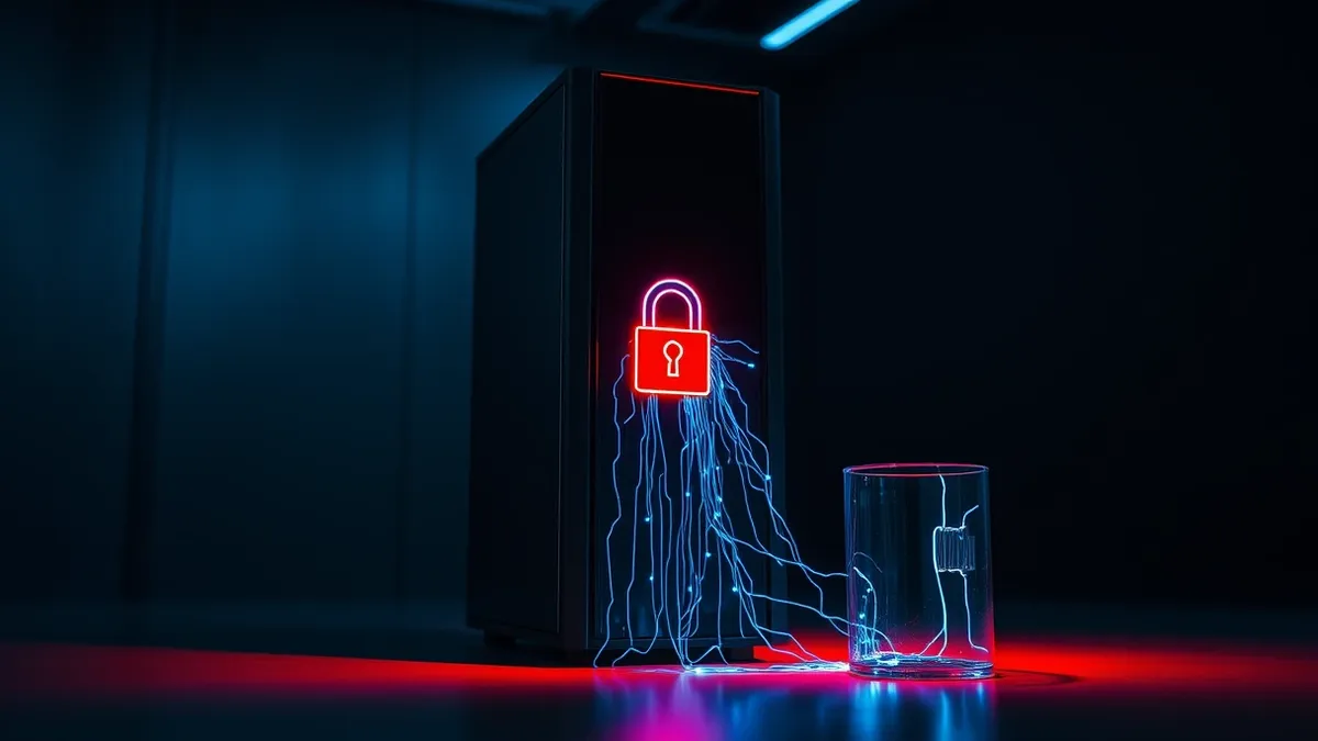 Illustration: A sleek black server tower stands alone in a dimly lit room.