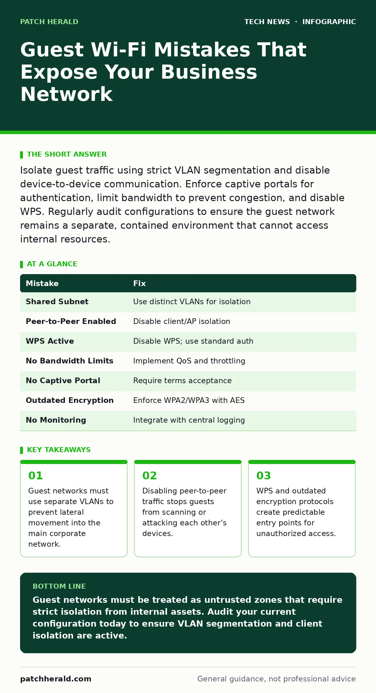 Infographic: Guest Wi-Fi Mistakes That Expose Your Business Network. Guest networks must use separate VLANs to prevent lateral movement into the main corporate network. Disabling peer-to-peer traffic stops guests from scanning or attacking each other’s devices. WPS and outdated encryption protocols