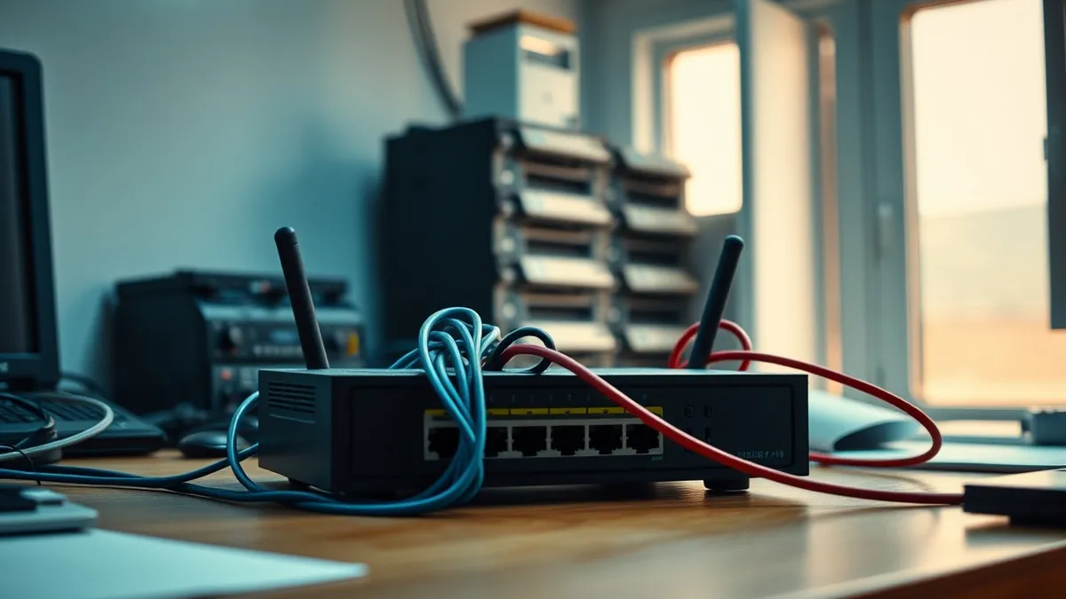 Illustration: A single office router sits on a cluttered desk, with two distinct cables emerging from its back.