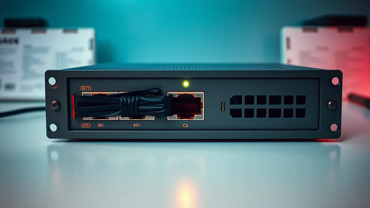 Illustration: A rugged grey network firewall sits alone on a sterile white desk, its rear panel exposed to reveal a single red Ethernet port wrapped tightly in black electrical tap