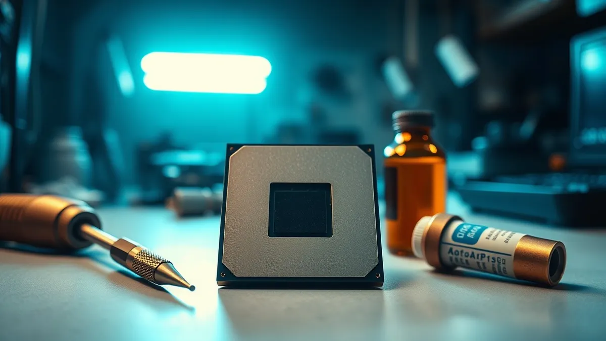 Illustration: A sleek modern processor rests on a clean workbench beside an old-fashioned screwdriver and a dusty bottle of thermal paste.