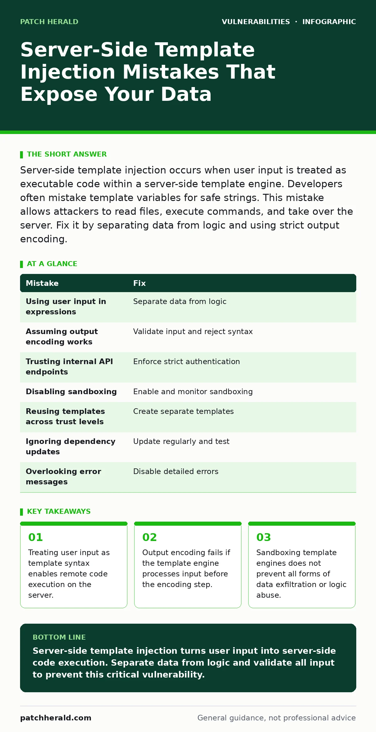 Infographic: Server-Side Template Injection Mistakes That Expose Your Data. Treating user input as template syntax enables remote code execution on the server. Output encoding fails if the template engine processes input before the encoding step. Sandboxing template engines does not prevent all form