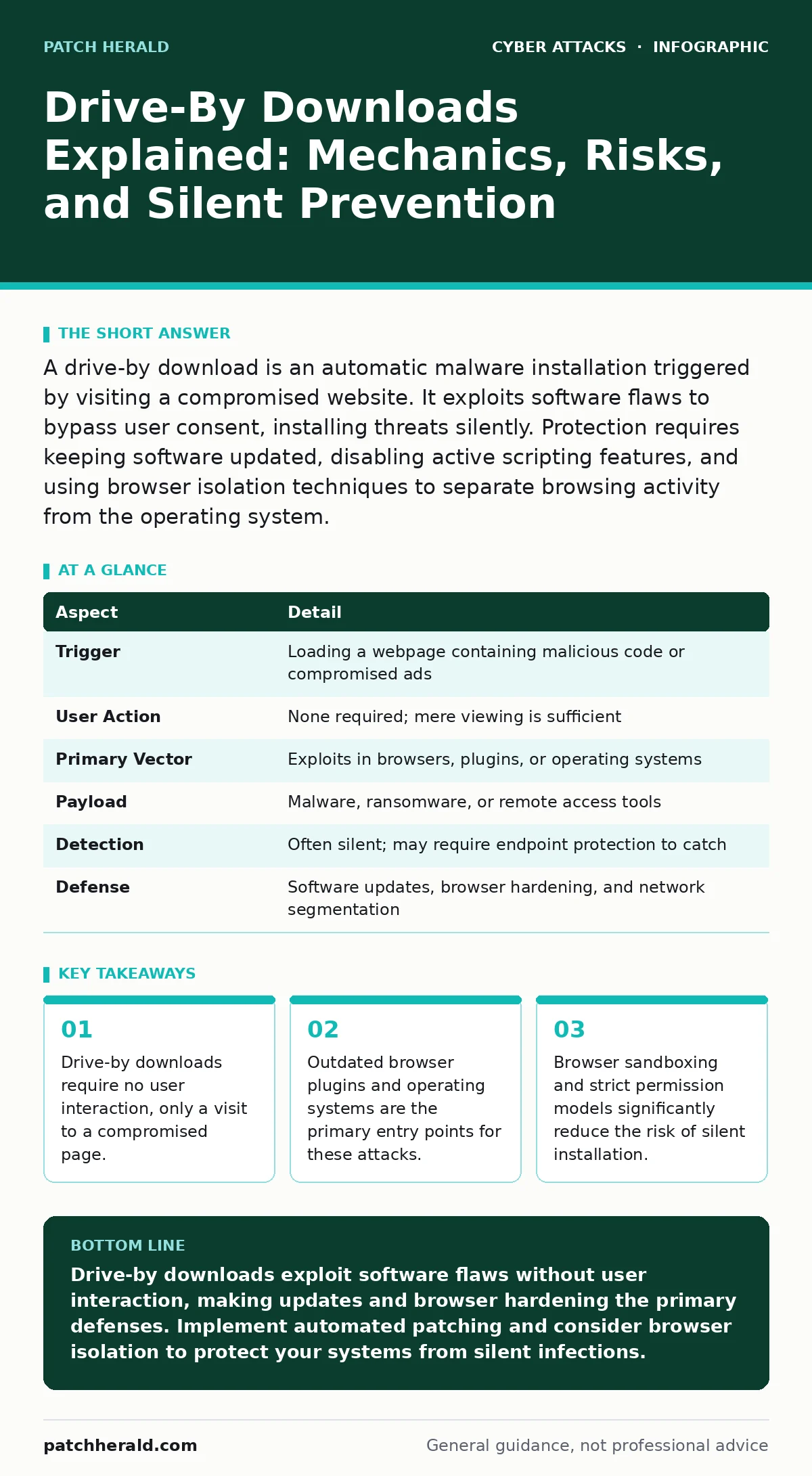 Infographic: Drive-By Downloads Explained: Mechanics, Risks, and Silent Prevention. Drive-by downloads require no user interaction, only a visit to a compromised page. Outdated browser plugins and operating systems are the primary entry points for these attacks. Browser sandboxing and strict permiss