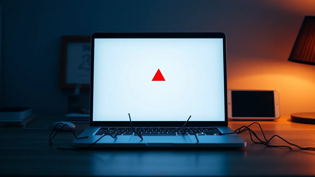 Illustration: A sleek laptop sits on a wooden desk, its screen displaying a blank white page with a single red warning triangle pulsing faintly in the center.
