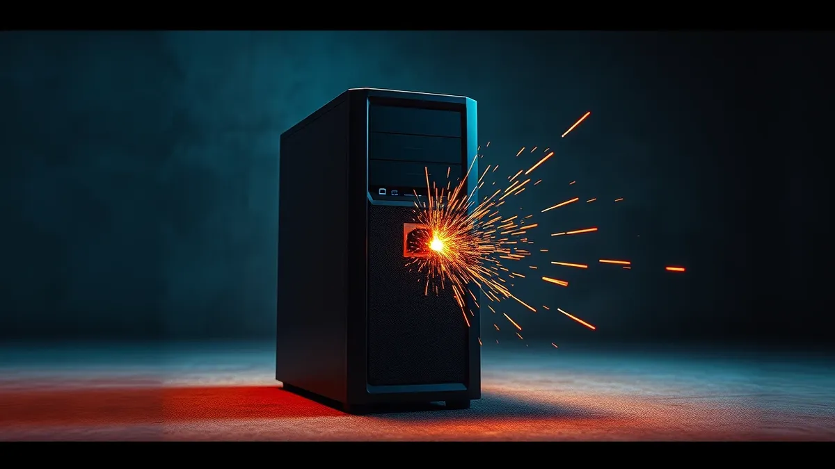 Illustration: A sleek black server tower sits on a concrete floor, its front panel displaying three blank indicator lights.