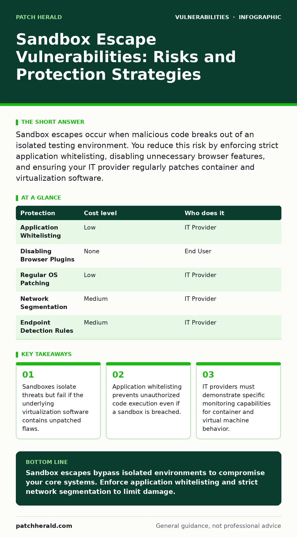 Infographic: Sandbox Escape Vulnerabilities: Risks and Protection Strategies. Sandboxes isolate threats but fail if the underlying virtualization software contains unpatched flaws. Application whitelisting prevents unauthorized code execution even if a sandbox is breached. IT providers must demonstr