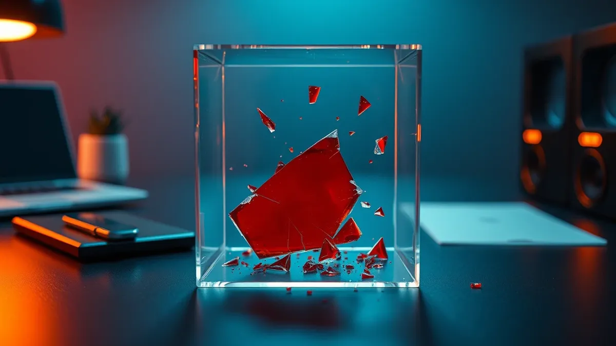 Illustration: A translucent glass box sits on a dark desk, containing a jagged red shard of broken glass that pierces through the container wall.