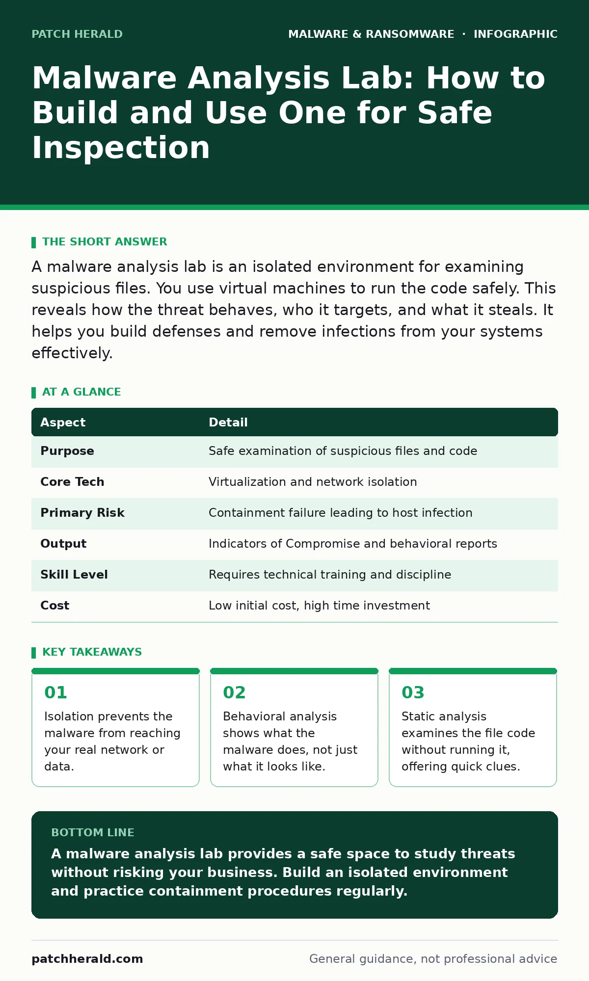 Infographic: Malware Analysis Lab: How to Build and Use One for Safe Inspection. Isolation prevents the malware from reaching your real network or data. Behavioral analysis shows what the malware does, not just what it looks like. Static analysis examines the file code without running it, offering q