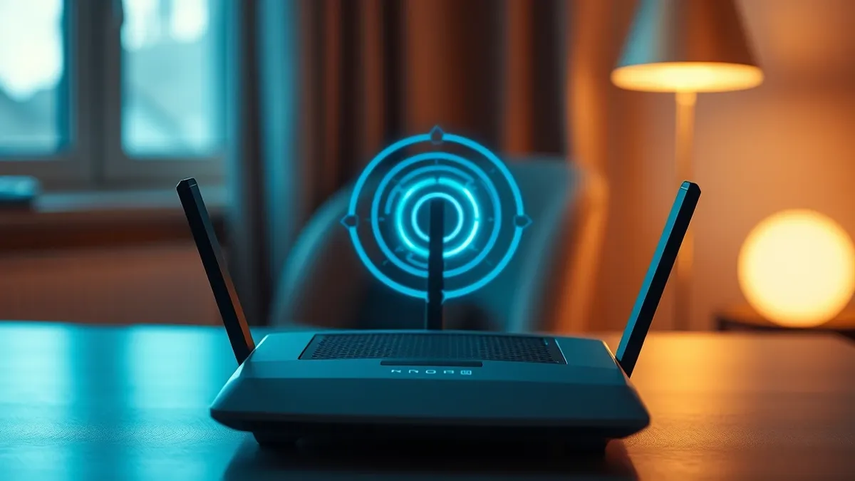 Illustration: A modern wireless router sits on a table, emitting a visible, interlocking spiral of light that forms a protective shield around it.