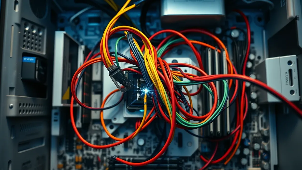 Illustration: A tangled knot of multicolored electrical cords snakes through the center of a clean, white computer motherboard.