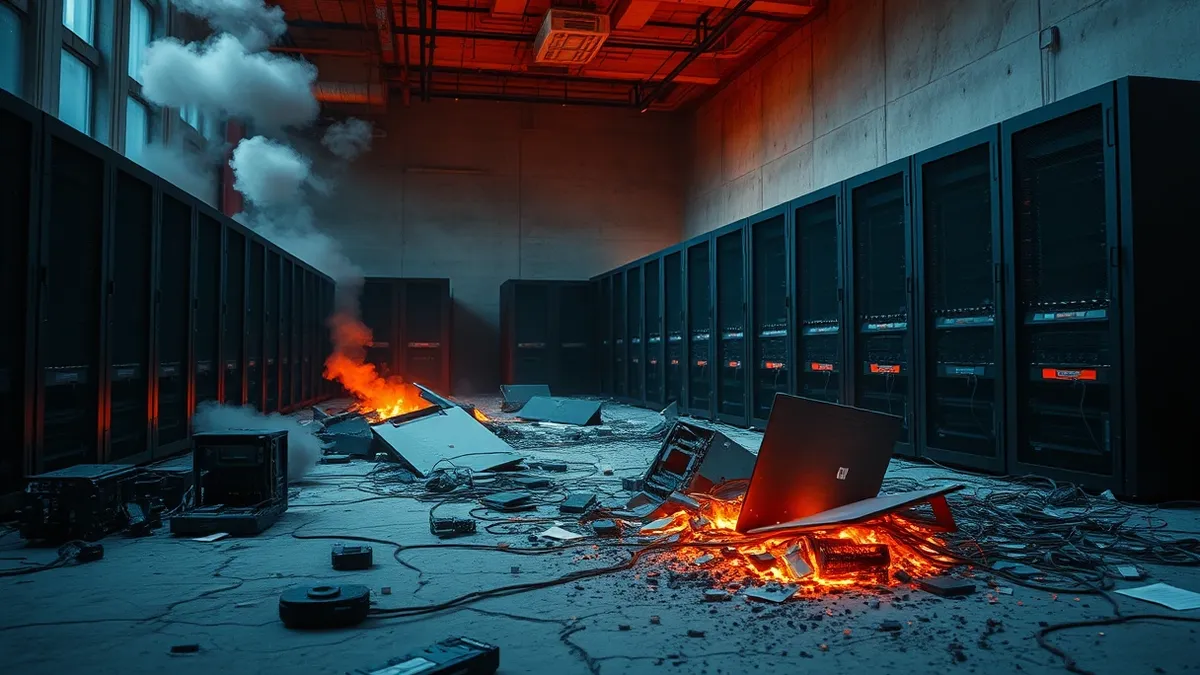 Illustration: A row of black server racks lies shattered inside a dusty, concrete room.