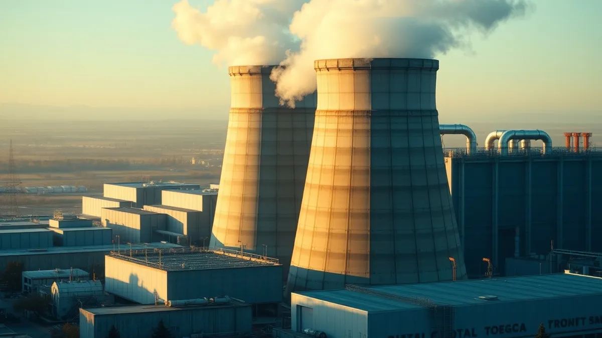 Illustration: A massive industrial cooling tower stands beside a sprawling concrete data center complex.