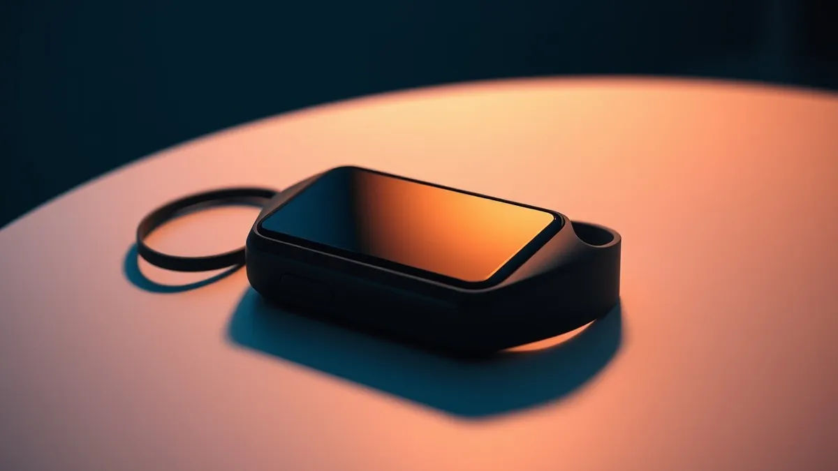 Illustration: A sleek black fitness tracker rests on a smooth white surface.