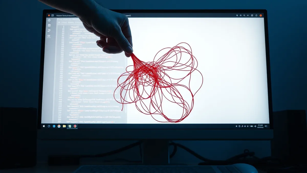 Illustration: A blank computer monitor displays a simplified version control interface with tangled red lines representing a corrupted commit history.