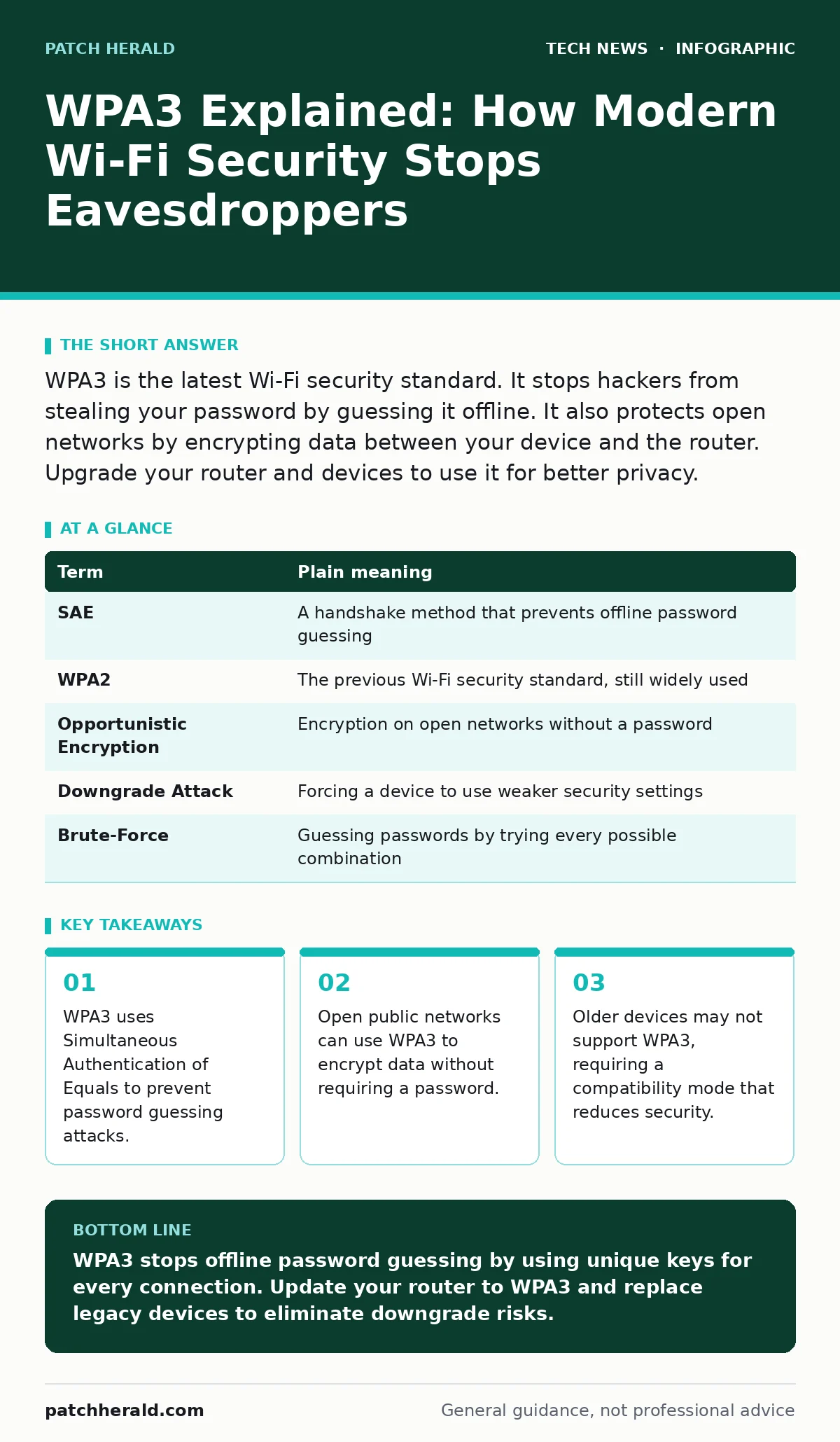 Infographic: WPA3 Explained: How Modern Wi-Fi Security Stops Eavesdroppers. WPA3 uses Simultaneous Authentication of Equals to prevent password guessing attacks. Open public networks can use WPA3 to encrypt data without requiring a password. Older devices may not support WPA3, requiring a compatibil