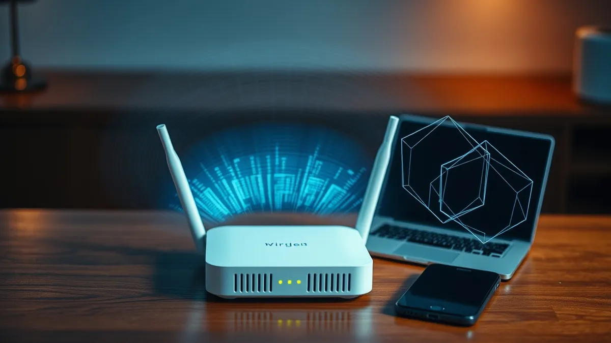 Illustration: A white wireless router sits on a wooden table, emitting invisible waves that transform into distinct, interlocking geometric shields around a nearby laptop and smart
