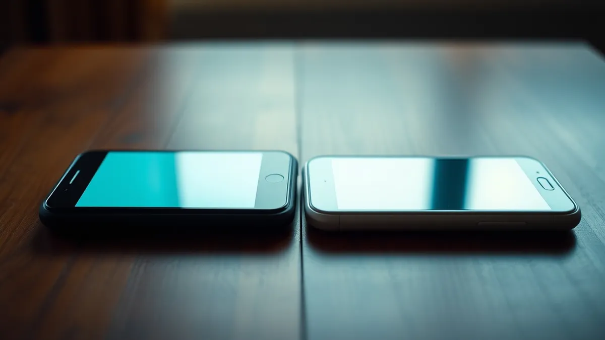 Illustration: A black smartphone and a white smartphone lie side by side on a wooden table, facing away from each other.