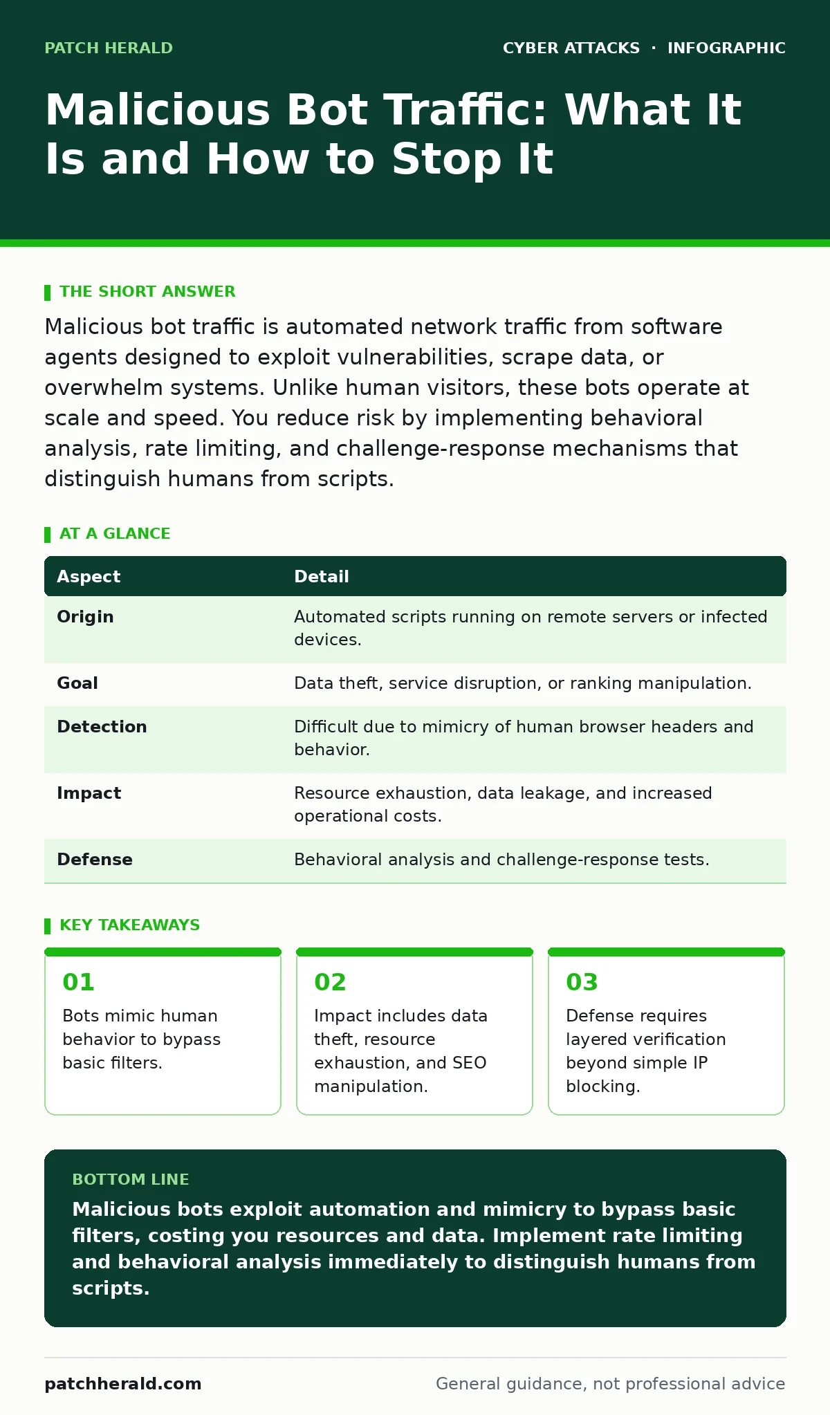 Infographic: Malicious Bot Traffic: What It Is and How to Stop It. Bots mimic human behavior to bypass basic filters. Impact includes data theft, resource exhaustion, and SEO manipulation. Defense requires layered verification beyond simple IP blocking.