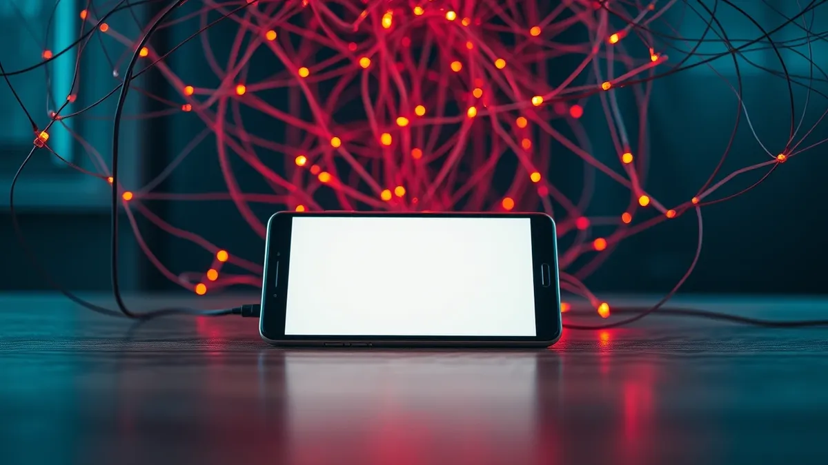 Illustration: A sleek smartphone rests on a wooden table, its screen displaying a blank web browser window.