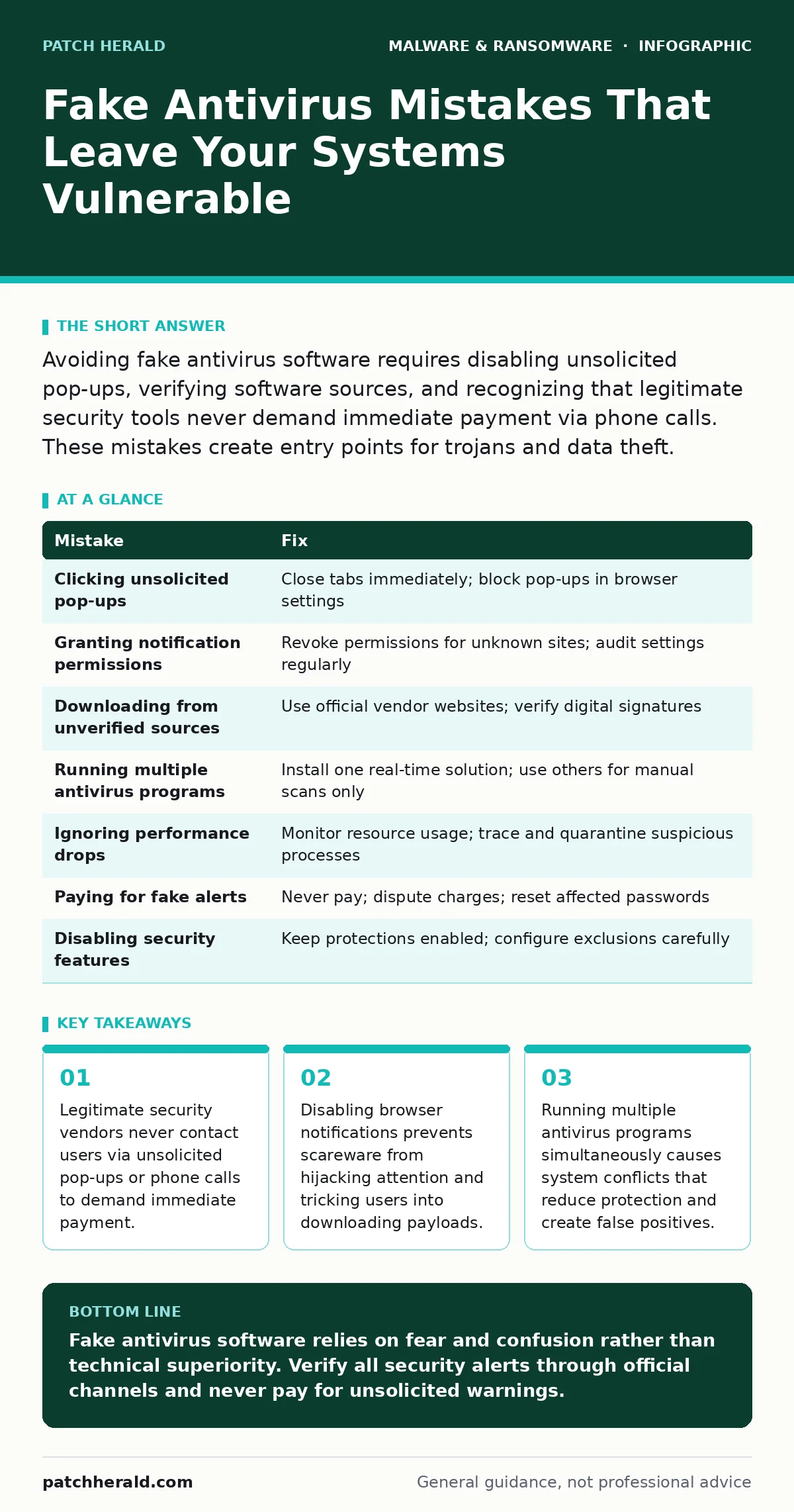 Infographic: Fake Antivirus Mistakes That Leave Your Systems Vulnerable. Legitimate security vendors never contact users via unsolicited pop-ups or phone calls to demand immediate payment. Disabling browser notifications prevents scareware from hijacking attention and tricking users into downloading