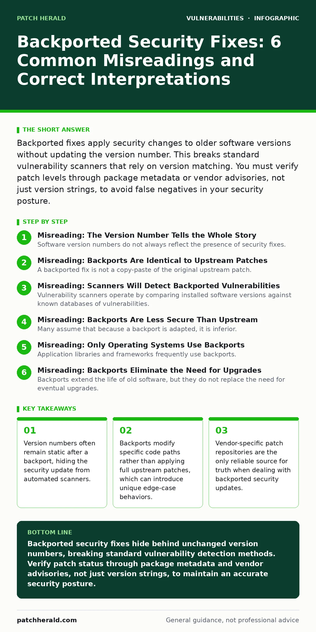 Infographic: Backported Security Fixes: 6 Common Misreadings and Correct Interpretations. Version numbers often remain static after a backport, hiding the security update from automated scanners. Backports modify specific code paths rather than applying full upstream patches, which can introduce uni