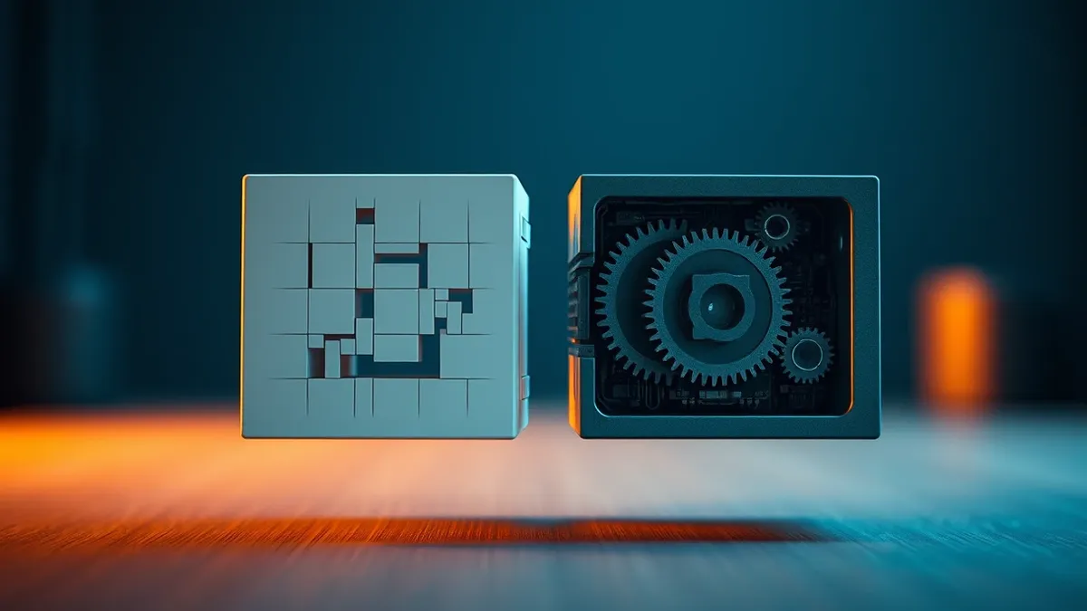 Illustration: A split software code block floats in mid air.