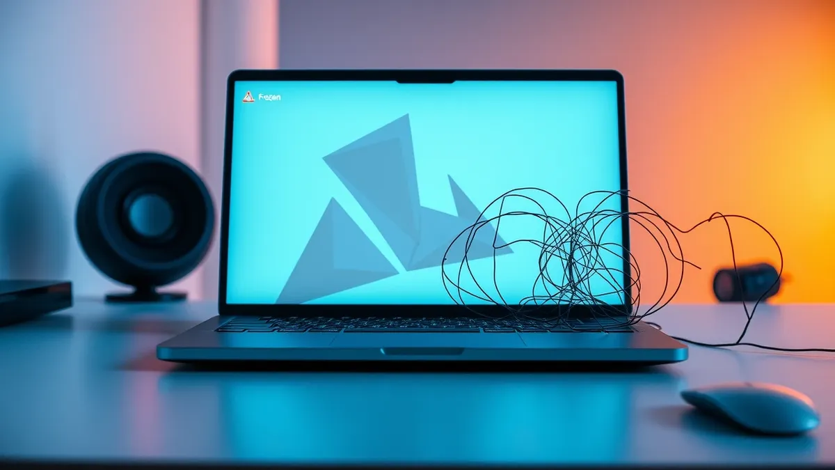 Illustration: A sleek, minimalist laptop sits on a clean white desk, its screen displaying a frozen interface with abstract geometric shapes.