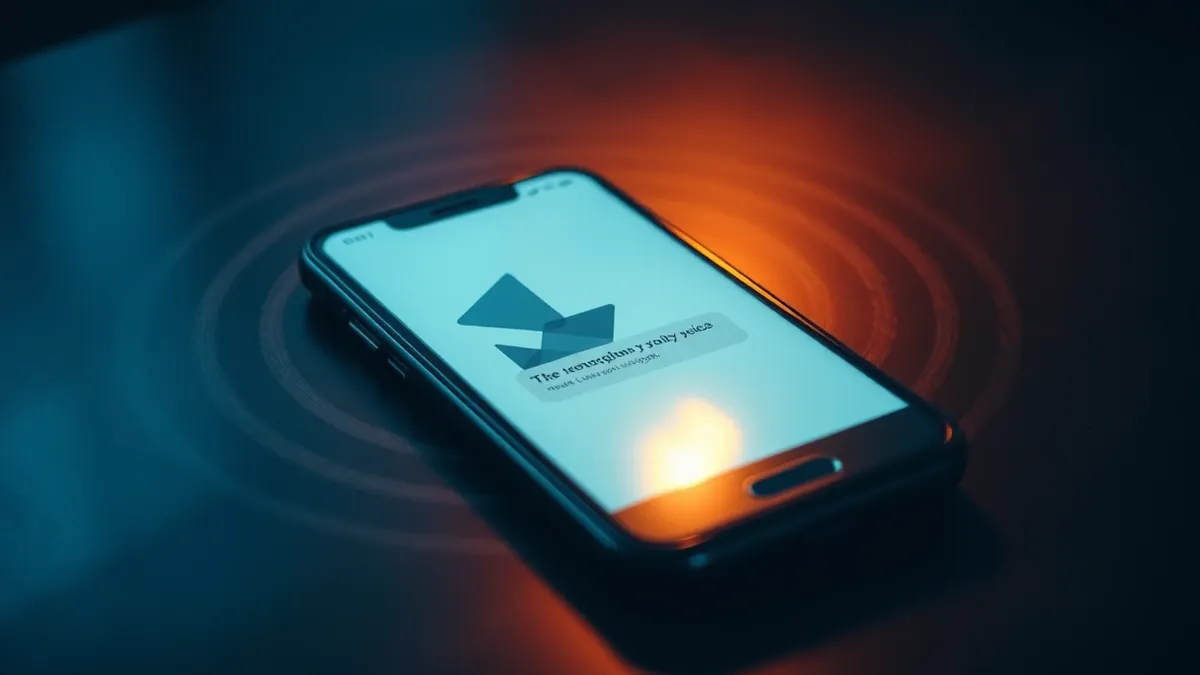 Illustration: A modern smartphone rests on a dark table, its screen glowing with a message composed of abstract geometric shapes.