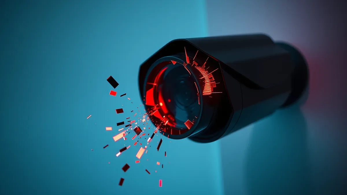 Illustration: A black security camera sits on a white wall, its lens cracked open to reveal jagged, glowing red circuitry spilling out.