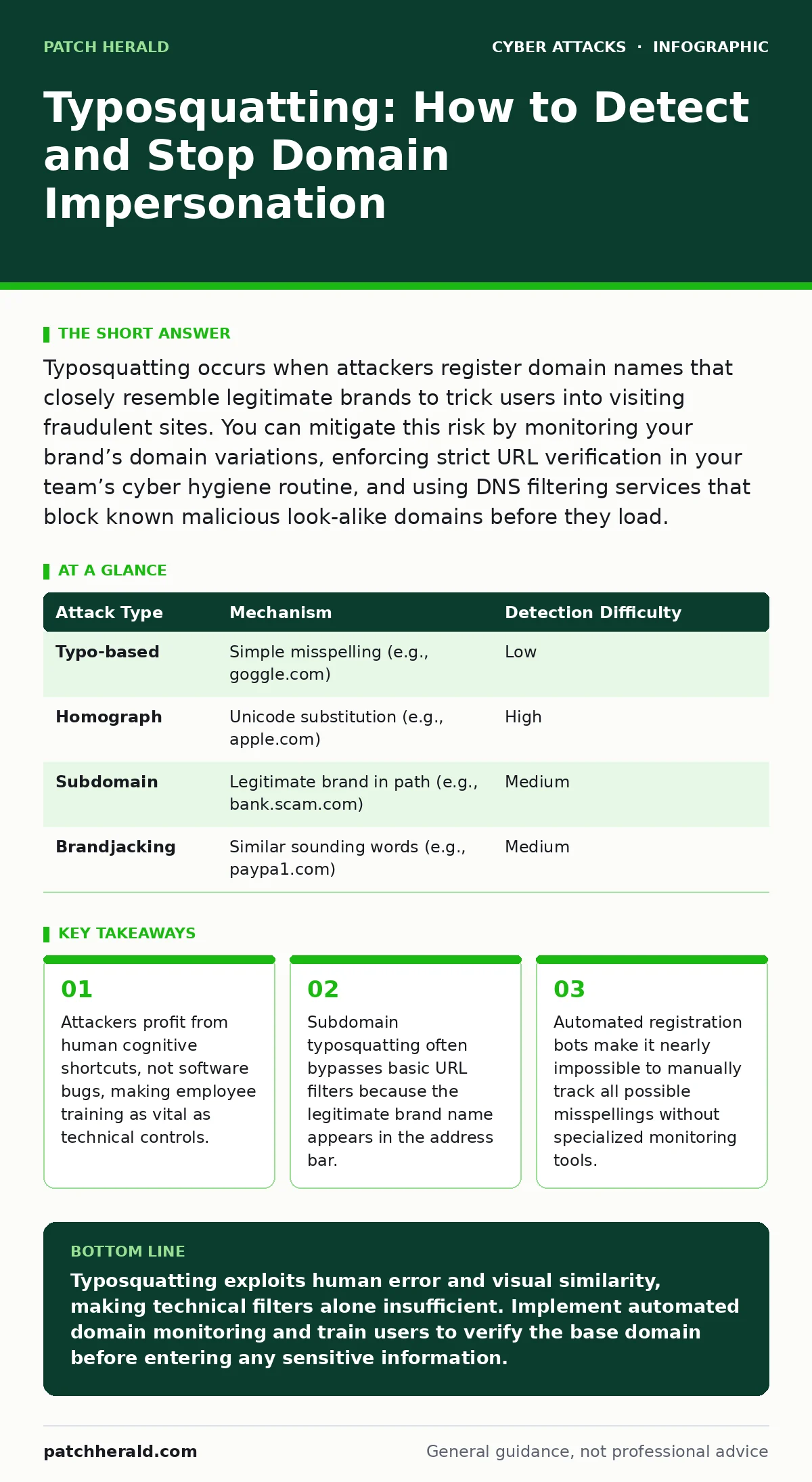 Infographic: Typosquatting: How to Detect and Stop Domain Impersonation. Attackers profit from human cognitive shortcuts, not software bugs, making employee training as vital as technical controls. Subdomain typosquatting often bypasses basic URL filters because the legitimate brand name appears in