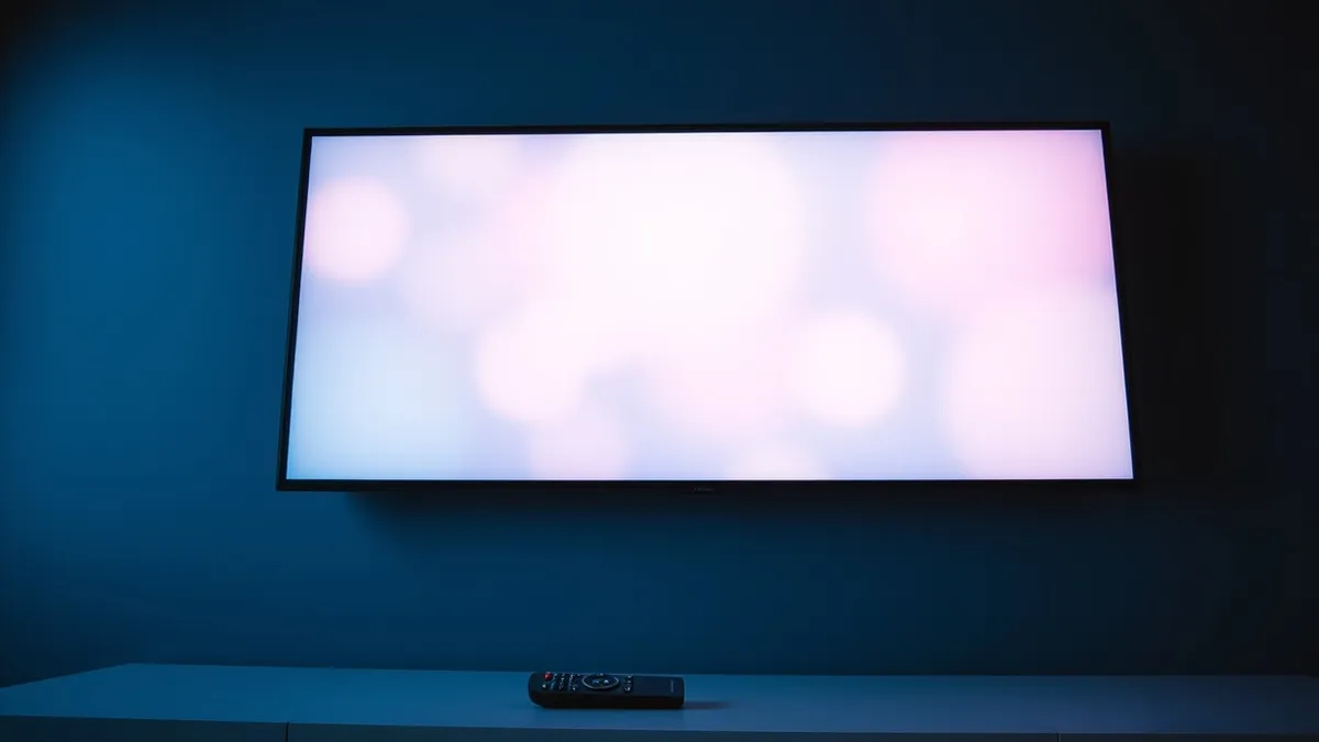 Illustration: A sleek flat screen mounted on a wall displays only soft abstract color blocks.