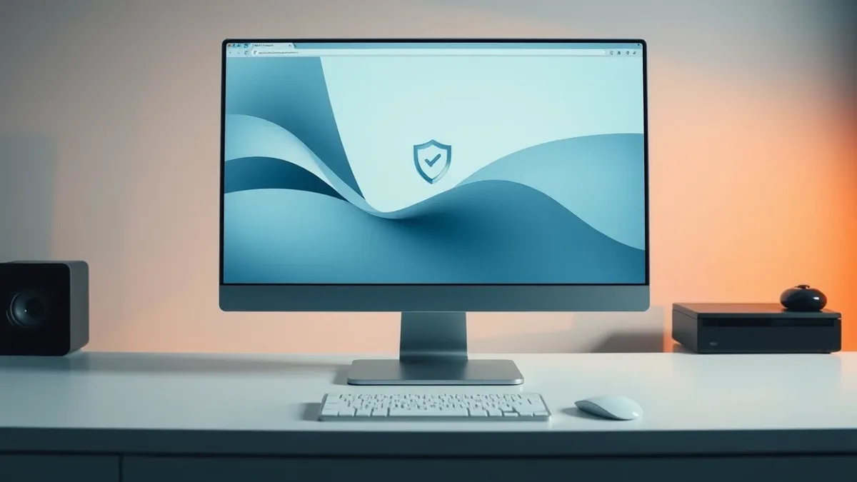 Illustration: A sleek, silver desktop computer sits on a minimalist white desk.