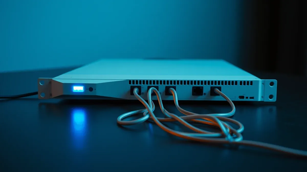 Illustration: A sleek white server blade lies isolated on a dark desk, its single blue status light flickering erratically before going completely dark.