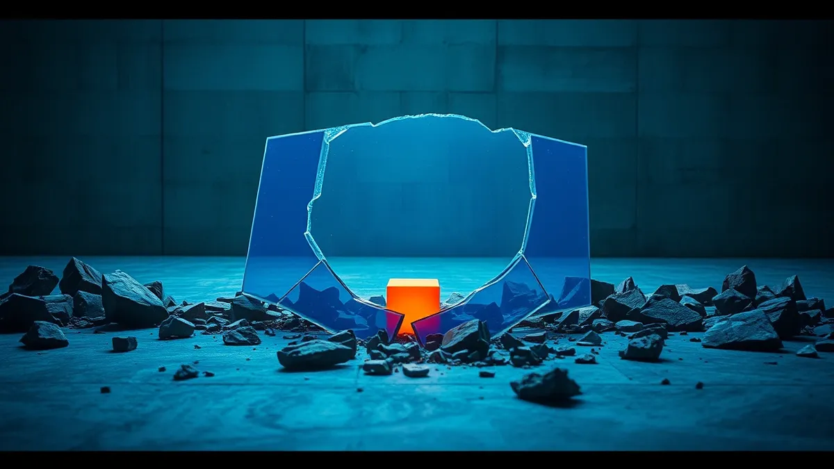 Illustration: A fragmented blue glass shield lies in ruins on a concrete floor, surrounded by jagged shards.