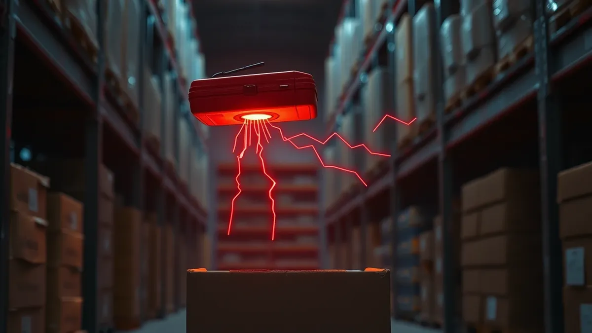 Illustration: A red warehouse scanner hovers over a cardboard box in a dimly lit storage aisle.
