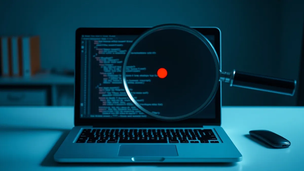 Illustration: A clean desk holds a laptop displaying a blank code editor window.