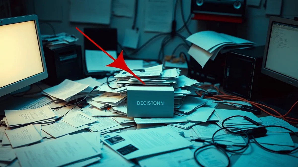 Illustration: A chaotic desk scene with scattered papers and tangled cables.