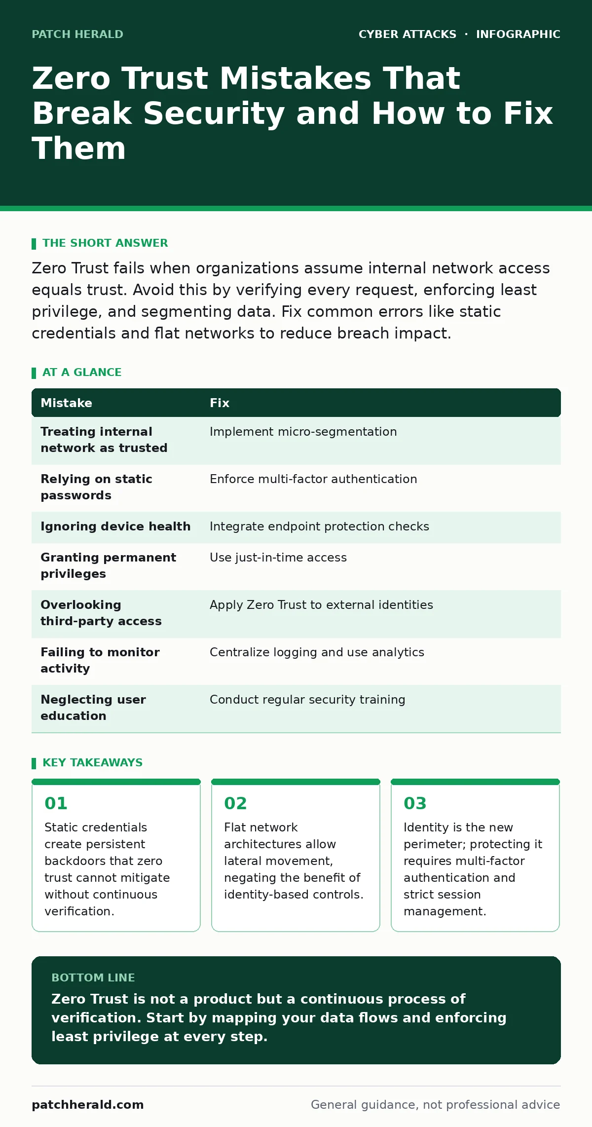 Infographic: Zero Trust Mistakes That Break Security and How to Fix Them. Static credentials create persistent backdoors that zero trust cannot mitigate without continuous verification. Flat network architectures allow lateral movement, negating the benefit of identity-based controls. Identity is th