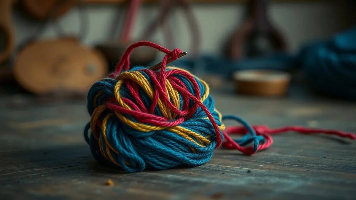 Illustration: A tangled knot of colorful yarn sits on a wooden workbench.