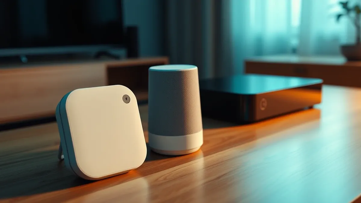 Illustration: A sleek white home hub with a camera lens sits on a wooden table next to a small cylindrical speaker and a black set-top box.