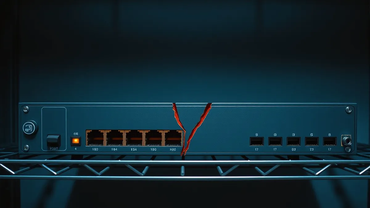 Illustration: A network switch sits on a metal shelf with blank ports and indicator lights.