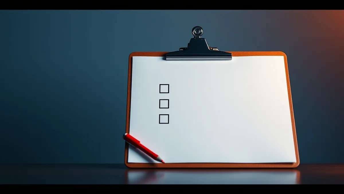 Illustration: A white clipboard holds a single sheet with two thick checkmarks.