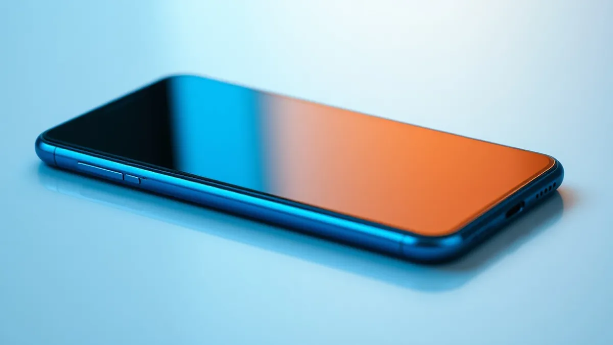 Illustration: A sleek blue smartphone lies open on a smooth white surface, revealing a seamless, crease-free display.
