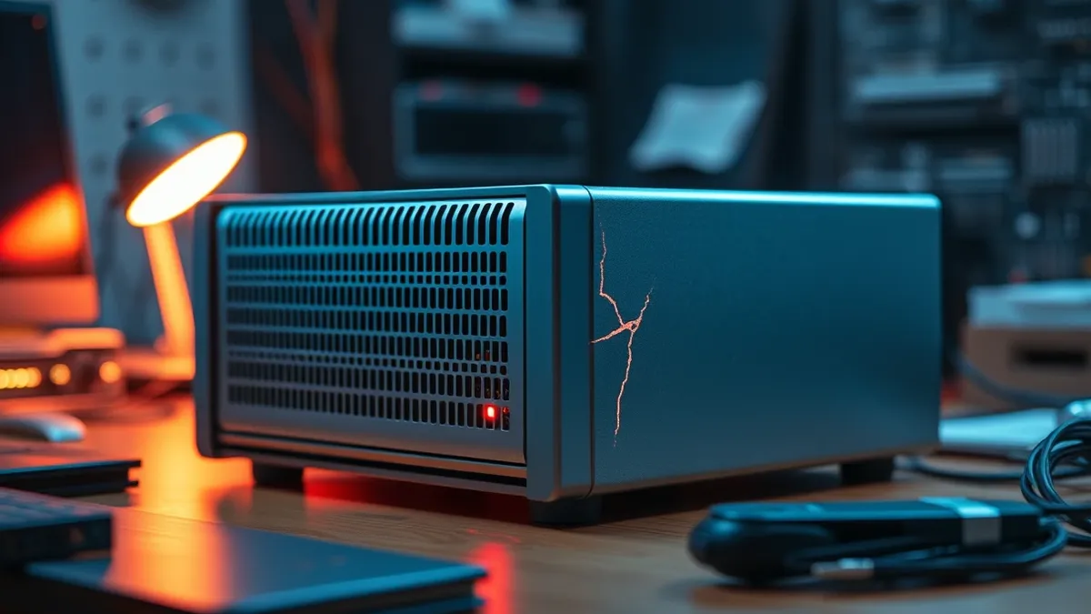 Illustration: A sleek silver proxy server sits isolated on a cluttered tech desk, its ventilation grilles glowing with an ominous red pulse.