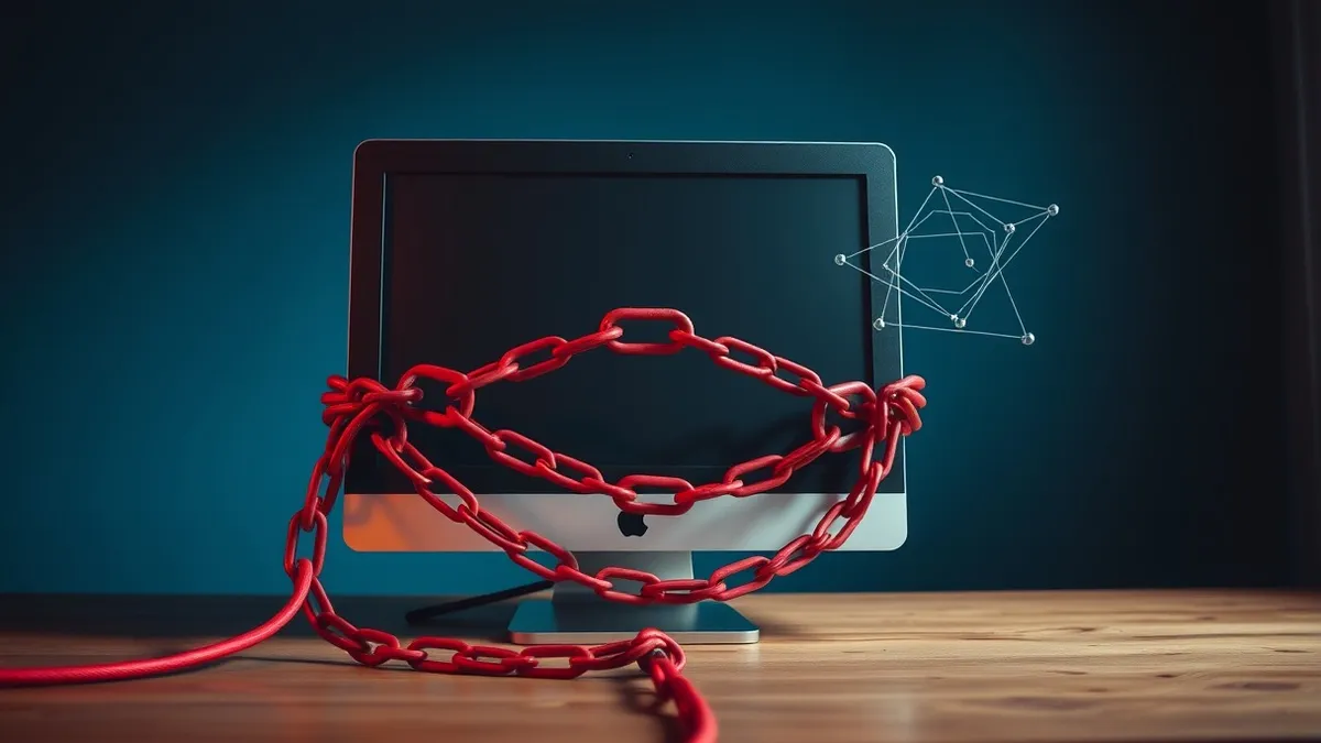 Illustration: A desktop computer sits on a wooden surface with a thick red chain wrapped tightly around its power cord.