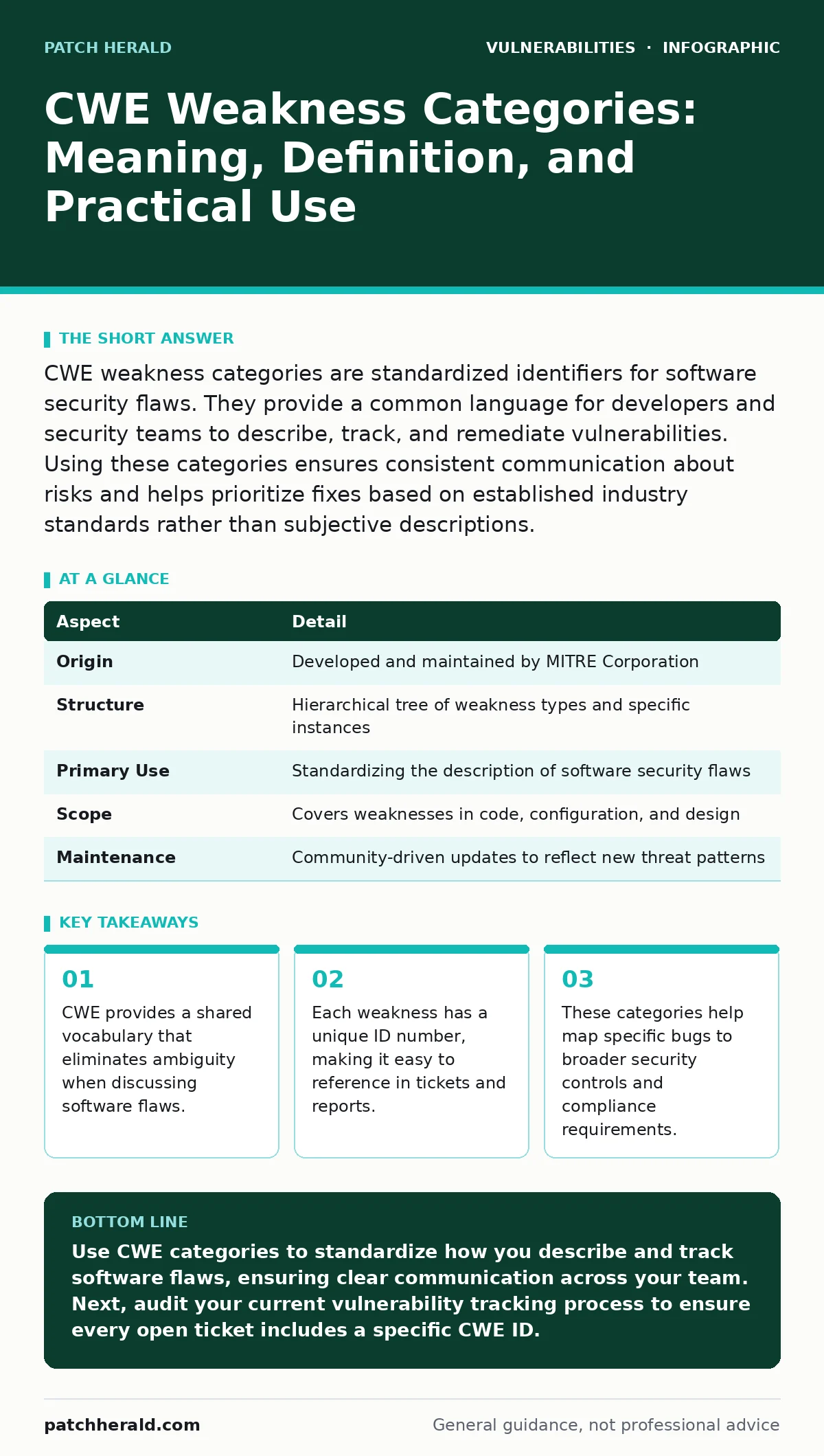Infographic: CWE Weakness Categories: Meaning, Definition, and Practical Use. CWE provides a shared vocabulary that eliminates ambiguity when discussing software flaws. Each weakness has a unique ID number, making it easy to reference in tickets and reports. These categories help map specific bugs t