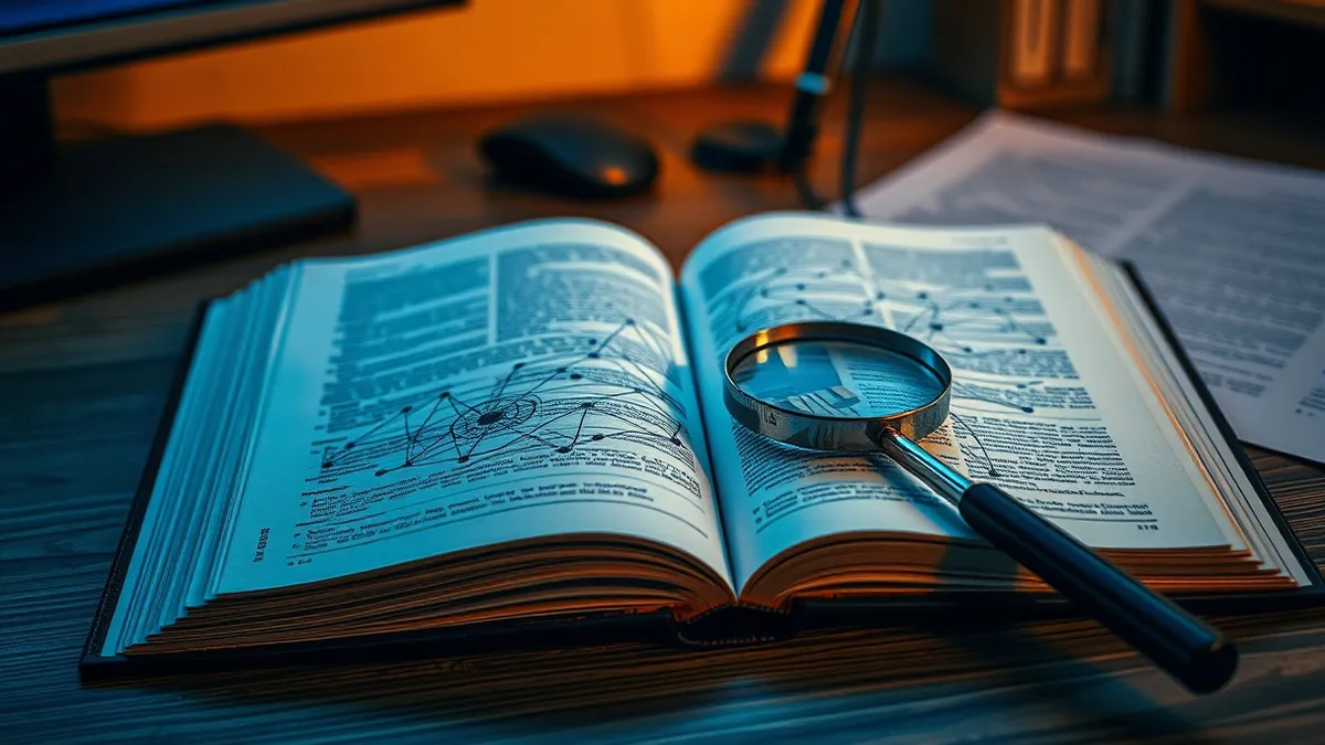 Illustration: A thick reference book sits open on a wooden desk, displaying a complex web of interconnected nodes and lines that represent software flaws.