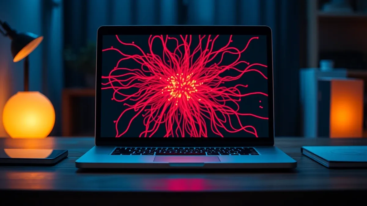 Illustration: A silver laptop sits on a wooden desk with its screen displaying a complex network of tangled, glowing red wires.